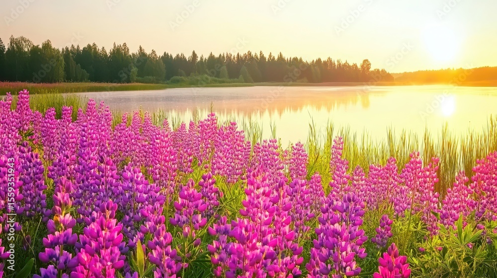 Naklejka premium Vibrant Pink Flowers by Tranquil Lake at Sunrise with Lush Greenery