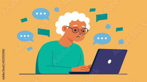 The screen of a laptop is filled with random letters and words as an elderly person types out an email to a friend. They struggle to keep up with their train of thought and are. Vector illustration
