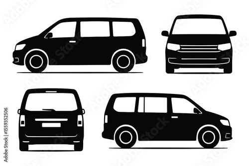 Minivan Vector Illustration Set with Side, Front, and Back Views in Black Silhouette