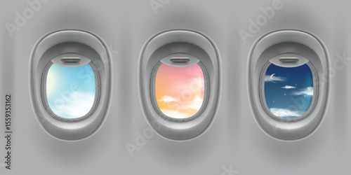 Airplane window with day, night and sunset sky view, fuselage porthole with open glass from inside, vector illuminators