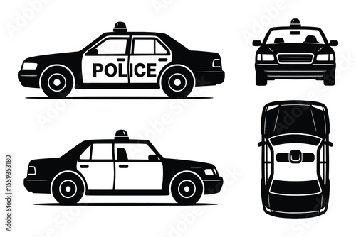 Police Car Vector Illustration Set in Black and White Silhouette Style for Design Projects