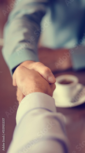 Business Handshake Over Coffee at Café Meeting Table