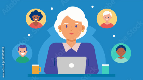 An elderly woman using a tablet to participate in a virtual brainstorming session with her peers from different parts of the world.. Vector illustration