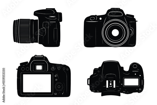 Professional DSLR Camera Silhouette Vector Illustration with Multiple Angle Views