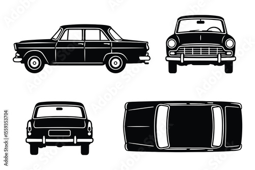 Sedan Car Silhouette Vector Illustration with Multiple Views for Design Projects