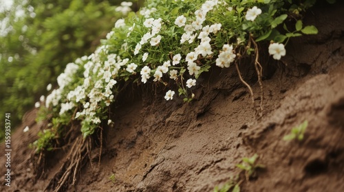White Flowers Blooming on Soil with Green Foliage in Nature Scene