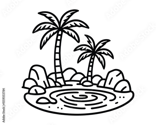 Serene Oasis Line Art Vector Illustration with Palm Trees and Tranquil Pond