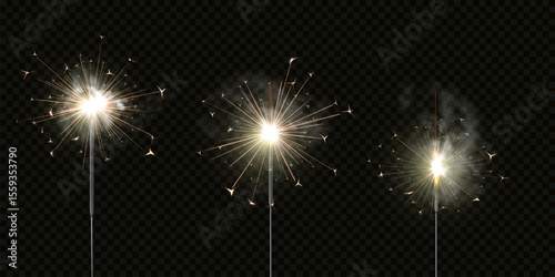 Realistic set of burning sparklers with sparks and smoke effect.