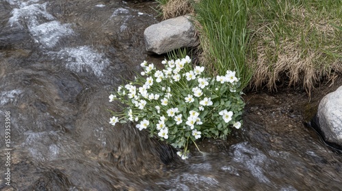 White Wildflowers by a Clear Stream in a Natural Landscape Scene