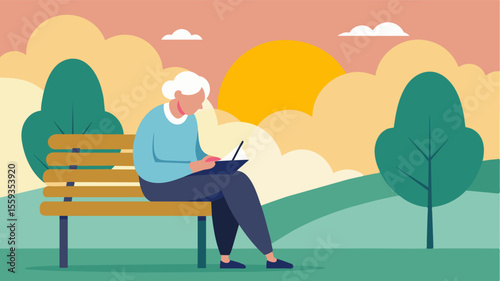 An elderly person sitting at a park bench writing in their journal as they watch the sunrise. The scene represents the daily ritual of starting the day with journaling promoting. Vector illustration