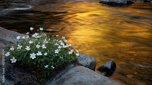 White Wildflowers by Sparkling River at Golden Hour