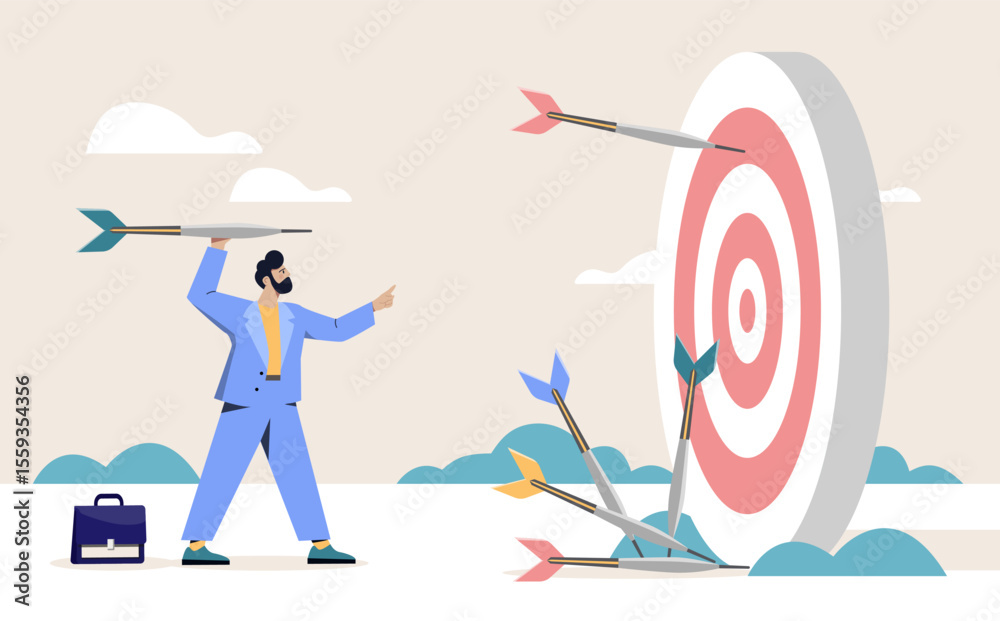 Businessman throwing a dart at a red target board, surrounded by missed arrows, flat style on a light background, concept of goal setting and achievement. Vector illustration