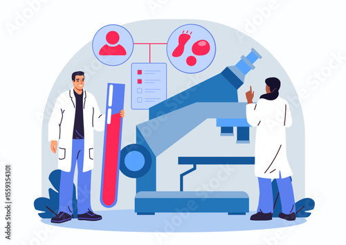 Two scientists in lab coats analyzing a giant test tube and microscope with medical icons above, flat style on white background, concept of medical research. Vector illustration