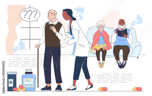Elderly man with memory loss assisted by caregiver, older couple on couch with cat and book, medical pills and bottles, in a healthcare support concept. Vector illustration