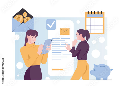 Two women managing finances with a tablet and checklist, surrounded by icons of savings, calendar, and money envelope, on a light abstract background. Vector illustration