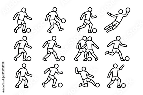 Soccer Player Icons Set Depicting Various Actions and Poses in Line Art Style