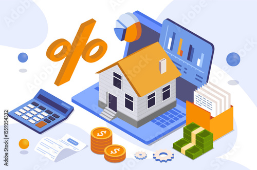House, calculator, laptop, documents, money, and percentage sign in isometric style on light background. Concept of home loan, mortgage, interest rates. Vector illustration