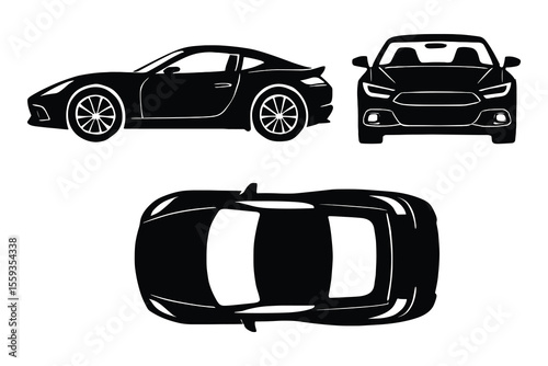 Sports Car Vector Illustration Set with Side, Front, and Top Views in Black Silhouette