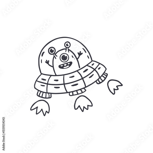 cute alien inside ufo in doodle style. Coloring page. Vector illustration
