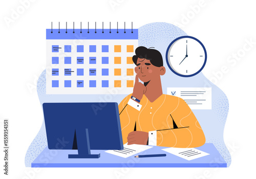 Man sitting at desk thinking while looking at computer monitor with calendar and clock in background, flat graphic style, concept of time management. Vector illustration