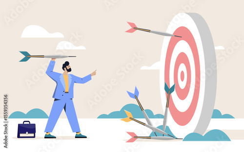 Businessman throwing a dart at a red target board, surrounded by missed arrows, flat style on a light background, concept of goal setting and achievement. Vector illustration