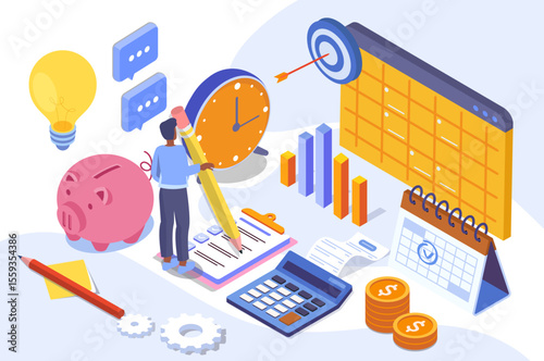Business planning concept with person organizing tasks, calendar, piggy bank, charts, and calculator in colorful isometric style on white background. Vector illustration