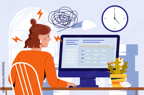 Woman sitting at desk looking confused at computer screen, flat graphic style, indoor office background, concept of work stress and time pressure. Vector illustration