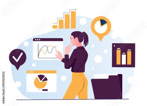 Woman reviewing various analytic graphs and pie charts on digital screens, flat style with abstract background, concept of business strategy and data analysis. Vector illustration