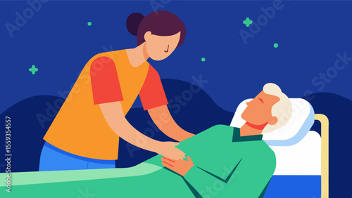 At a hoe facility a volunteer gently places their hands on the shoulders of a dying patient. The touch provides comfort and peace in their final moments.. Vector illustration