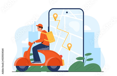 A delivery man rides a scooter with a yellow backpack in front of a smartphone showing a map and route. Flat cartoon style on white city background. Concept of GPS delivery. Vector illustration