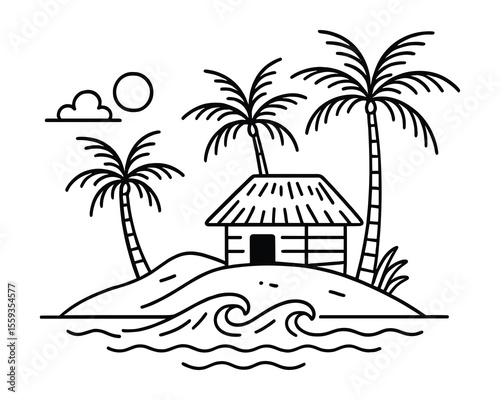 Tropical Island Getaway Line Art Vector Illustration with Palm Trees and Beach Hut