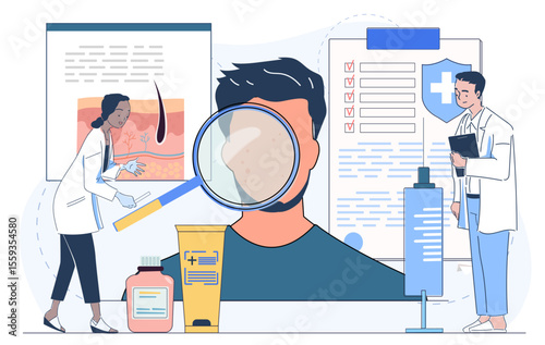Dermatologists examining a patient s skin with magnifier, surrounded by skincare products, syringe, and medical charts on white background. Concept of dermatology. Vector illustration