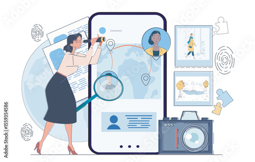 Woman using magnifying glass and telescope to track people on digital map via smartphone, with documents, puzzle pieces, fingerprints on white background. Concept of investigation. Vector illustration