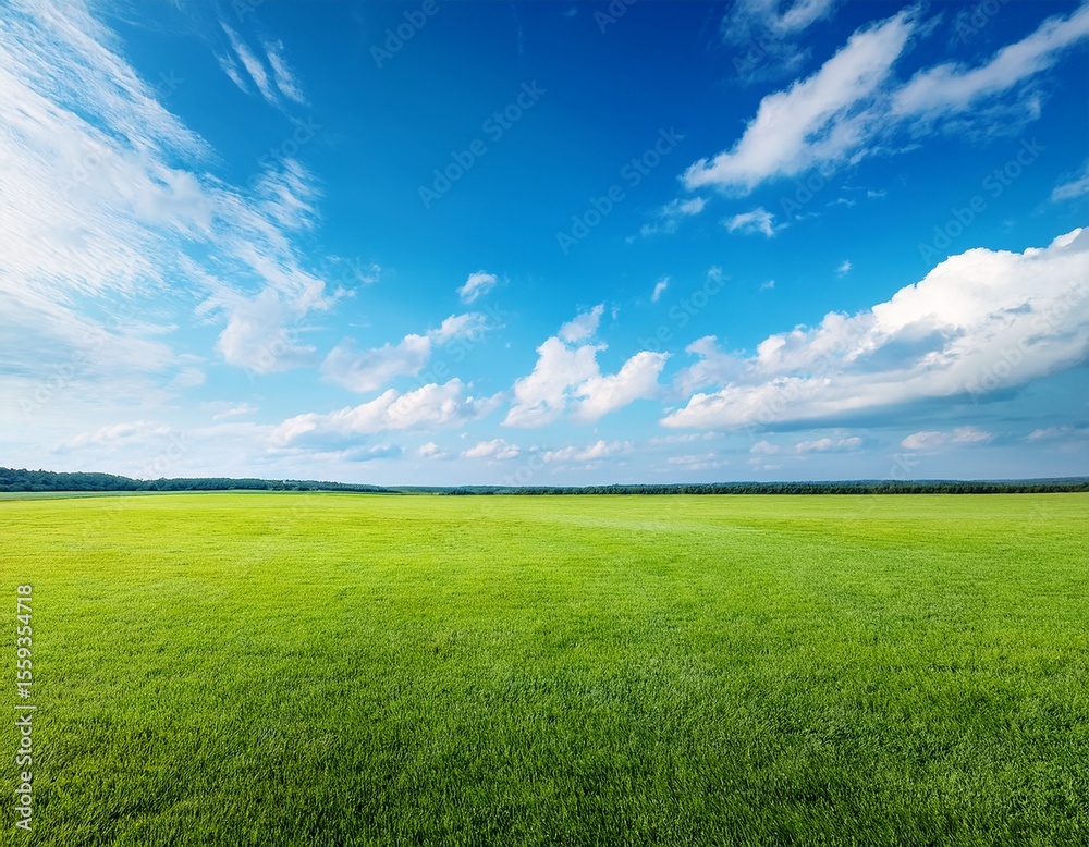Fototapeta premium green grass field under blue sky with white clouds in broad daylight with natural lighting during summer season in an open space