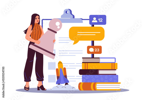 Woman holding chess pawn near clipboard, books, and chat icons, flat cartoon style on white background. Concept of strategy, communication, and education. Vector illustration