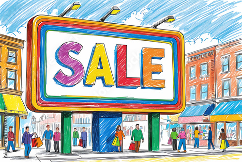 Colorful sale signs in a city street - shopping and urban illustration