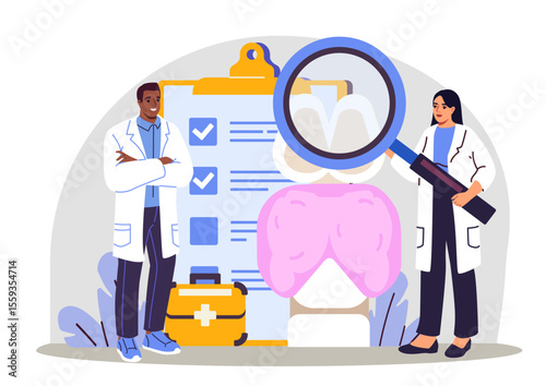 Two doctors analyzing digestive system organs using magnifying glass, with clipboard checklist and medical kit on white background. Concept of health diagnostics. Vector illustration