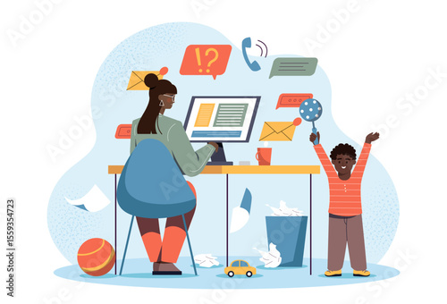 Woman working on computer at home while child plays nearby, flat graphic style, blue abstract background. Concept of remote work and parenting balance. Vector illustration
