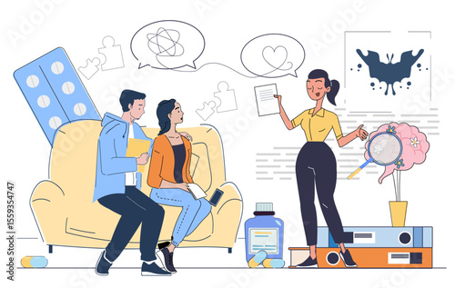 Psychologist presenting mental health treatment plan to a couple during therapy session, cartoon style, indoor setting. Concept of psychological counseling. Vector illustration