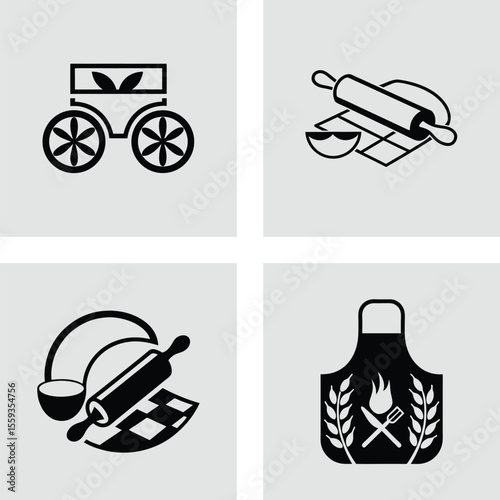 Baking Essentials Rolling Pin, Apron, Pastry Cart Icons