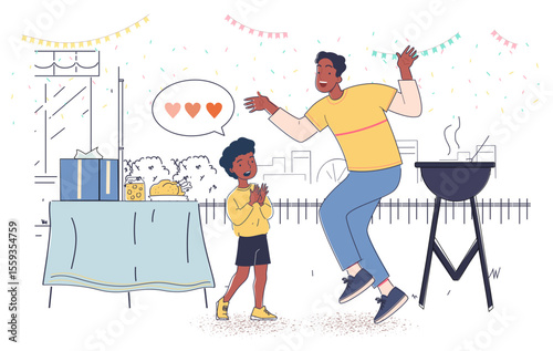 Father and son happily celebrating a backyard barbecue party with gifts, food, and decorations, flat cartoon style on white background. Vector illustration