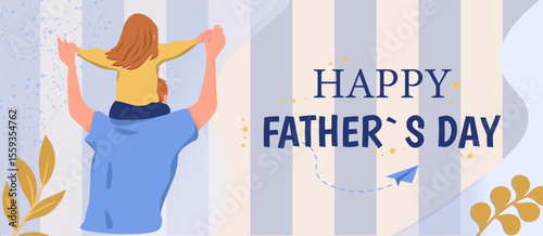 Father carrying daughter on shoulders celebrating Father s Day, flat cartoon style, striped pastel background, concept of love and family. Vector illustration