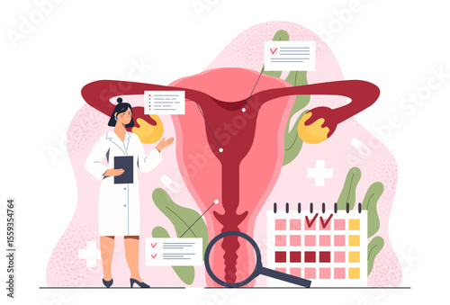 Female doctor explaining anatomy of uterus and ovaries, flat cartoon style on abstract background with calendar and notes. Concept of gynecology. Vector illustration