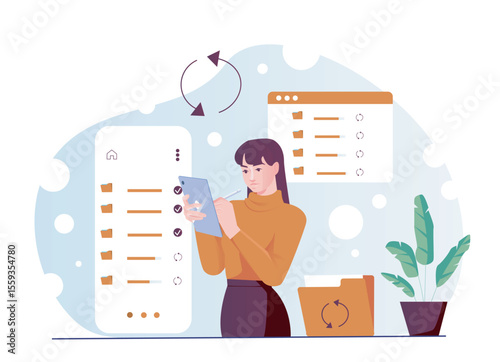 Woman using tablet to manage files, surrounded by interface elements and folders, flat graphic style, blue abstract background. Concept of digital organization. Vector illustration