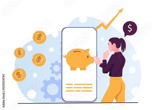 Woman interacting with smartphone showing piggy bank and dollar coins, flat graphic style, abstract light background with gears and dots, concept of digital finance. Vector illustration