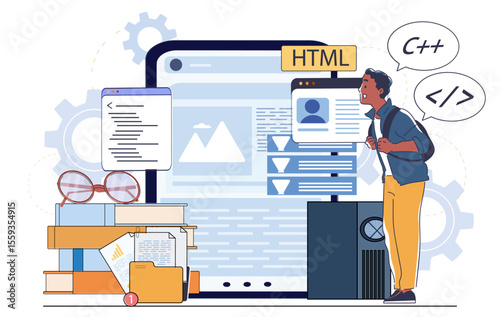 Young male coder with backpack stands in front of giant screen displaying HTML and code snippets, surrounded by books, documents on white background. Concept of coding education. Vector illustration