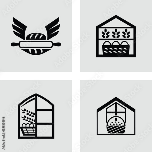 Bakery Logos Fresh Bread, Flour, Eggs, and Wheat Icons
