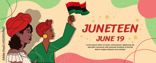 Two African American women wearing red headwraps, one holding a Pan-African flag, on a colorful abstract background. Concept of Juneteenth celebration. Vector illustration