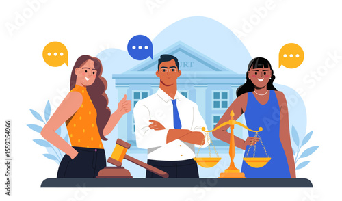 Group of diverse legal professionals with law symbols like gavel and scales in front of a courthouse, flat style on white background. Concept of justice. Vector illustration