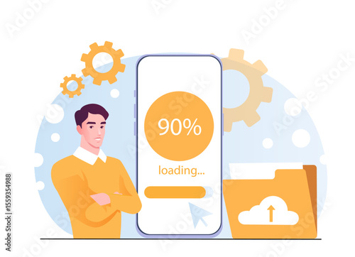 Man standing next to a smartphone showing 90 upload progress, with gears and a cloud folder in the background, representing data transfer. Vector illustration